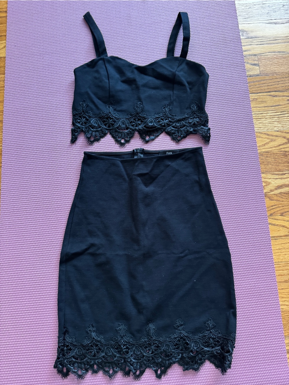 Black Lace Trim Top and Skirt Set